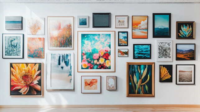 Art gallery wall with colorful framed paintings