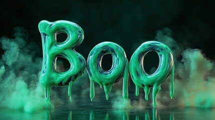 Green Gooey "Boo" Letters Dripping Against a Smoky Background