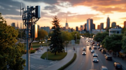 Urban Scene Featuring Communication Tower at Sunset with City Skyline in Background and Busy Road; Technology Meets Nature in Modern City Landscape