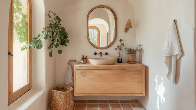Modern minimalist bathroom featuring wooden vanity, oval mirror, and terracotta tiles