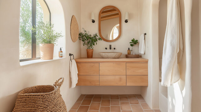 Modern minimalist bathroom featuring terracotta tiles, wooden vanity, and arched window