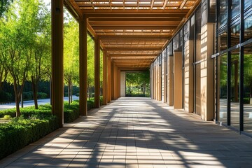Modern walkway with wooden pergola and glass windows leading to a park.