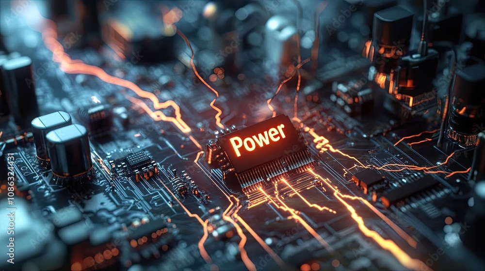 Poster power chip on a circuit board with glowing lines