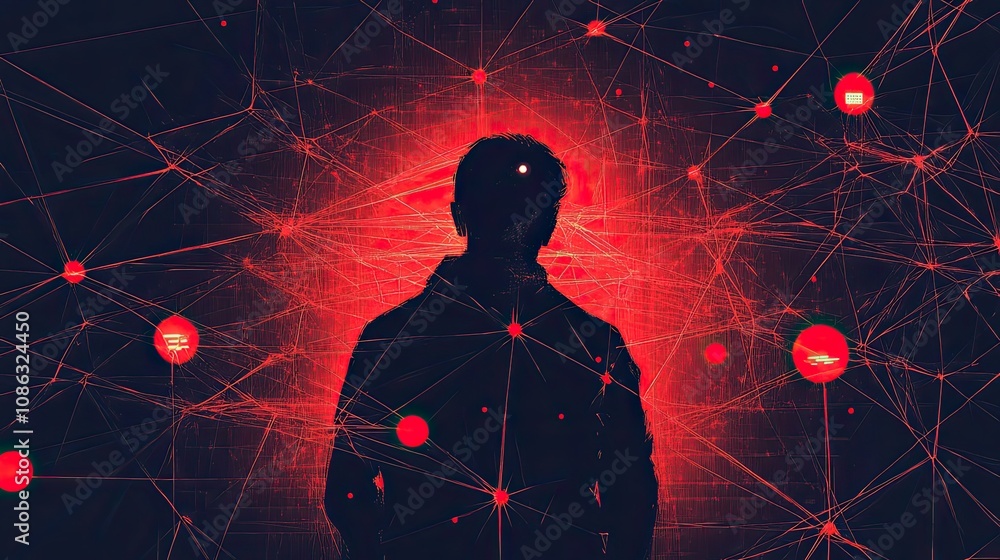 Poster silhouette of a person in a red network of lines and dots