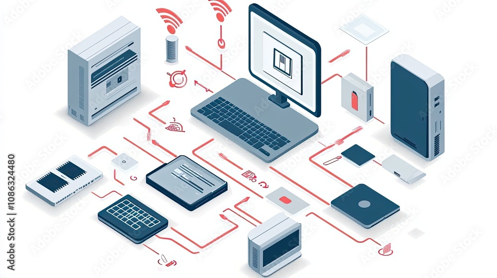 Aufkleber interconnected network of devices with red lines and wireless signals