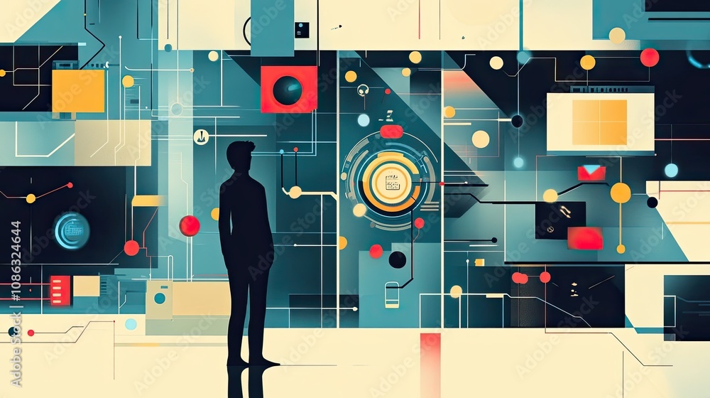 Poster a silhouette of a man standing before a complex network of lines and shapes