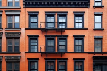 Obraz premium Orange brick building with black windows and balconies.