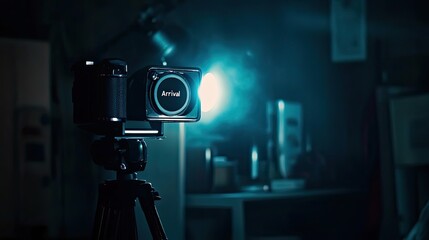 A Camera Mounted on a Tripod with "Arrival" Displayed on its Screen in a Dark Room
