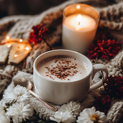 A cup of hot chocolate in the winter time, keeping moving warm and cozy.