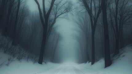 Obraz premium Snow-covered road vanishing into morning fog, with tall, bare trees lining the path