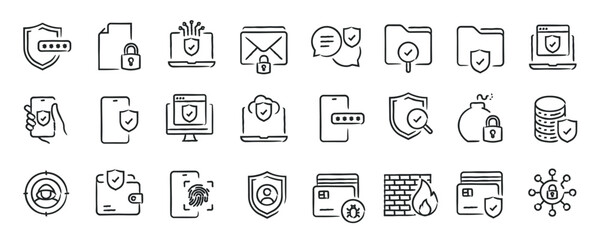 Cyber security hand drawn doodle sketch style line icons