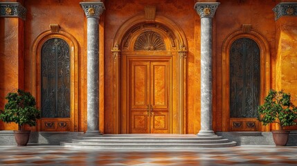 Obraz premium Elegant entrance with ornate doors and columns in warm colors.