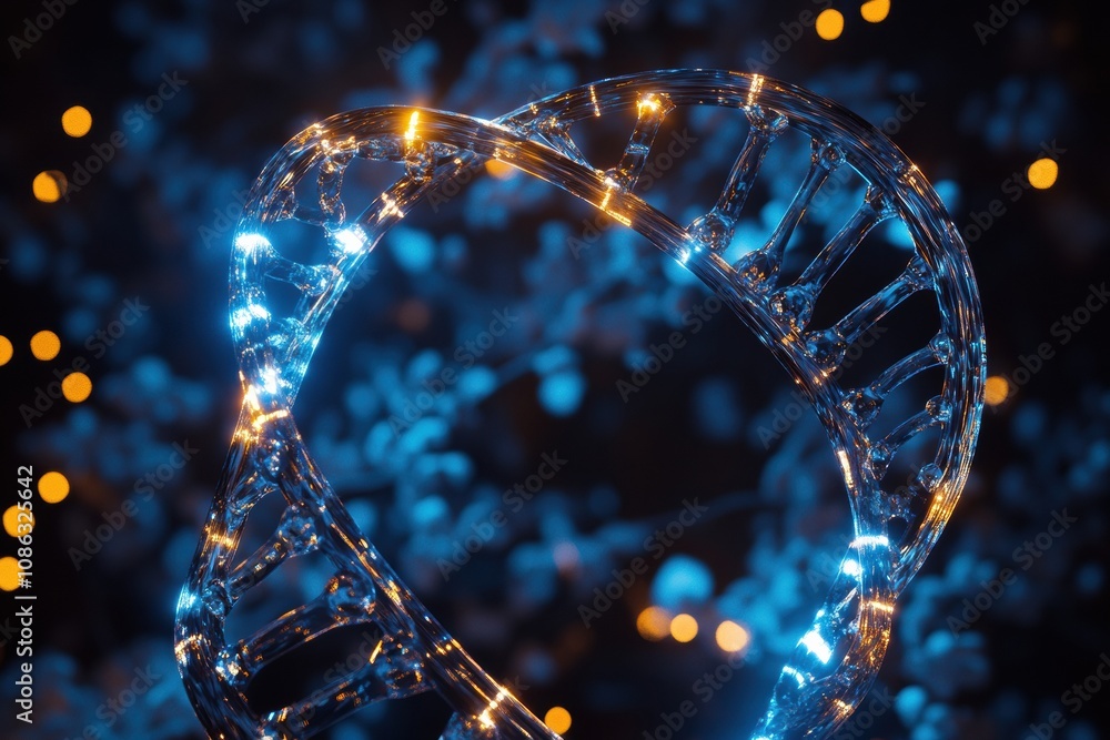 Poster a glowing dna helix sculpture made of lights stands out in a soft blue background, creating a captiv