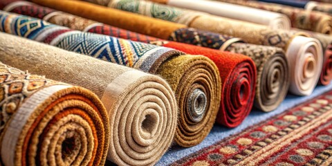 Close-up of luxurious rolled wool carpets for sale , wool, carpets, home decor, flooring, interior design, texture