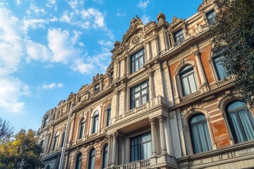 Fototapeta premium Ornate building with intricate details and large windows against a blue sky.