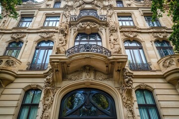 Ornate facade of a building with a balcony and a large door.