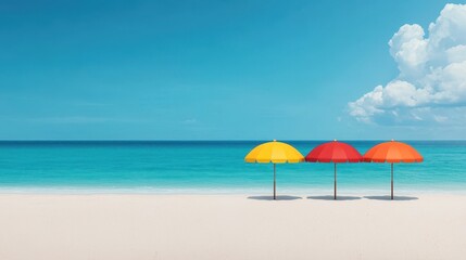 Fototapeta premium Colorful Beach Umbrellas on a Serene Shoreline with Calm Waves and Clear Blue Sky, Perfect for Relaxation and Leisure on a Sunny Day