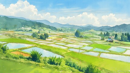 Obraz premium 水彩の背景に広がる美しい田んぼの風景13