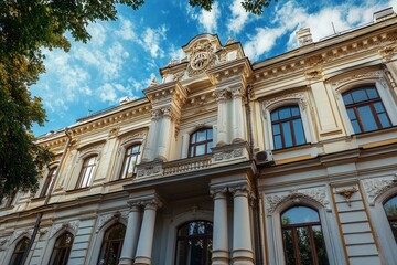 Fototapeta premium Ornate facade of a classic European building with decorative elements.
