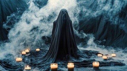 A mysterious figure shrouded in a dark, flowing fabric is seated on a textured surface, surrounded by softly glowing candles. The figure is nearly indistinguishable within the folds of the material, c