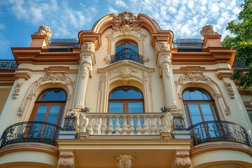 Obraz premium Ornate facade of a historic building with balconies and decorative details. (1)