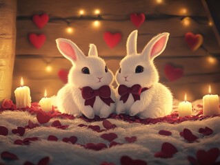 Two Cute White Rabbits in Love, Romantic Valentine's Day Scene with Candles and Hearts