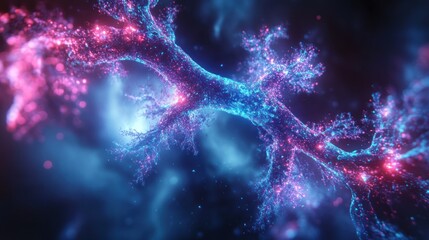 A vibrant, abstract representation of a branching structure with glowing particles.