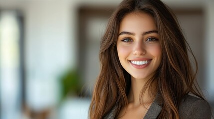 Fototapeta premium Young Woman with Long Brown Hair Smiling Brightly in Modern Indoor Setting, Exuding Positivity and Confidence in Natural Light