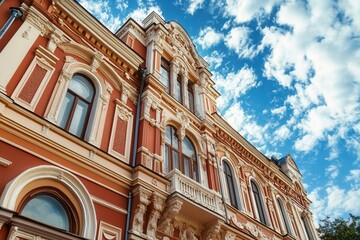 Fototapeta premium Ornate facade of an old building with a blue sky.