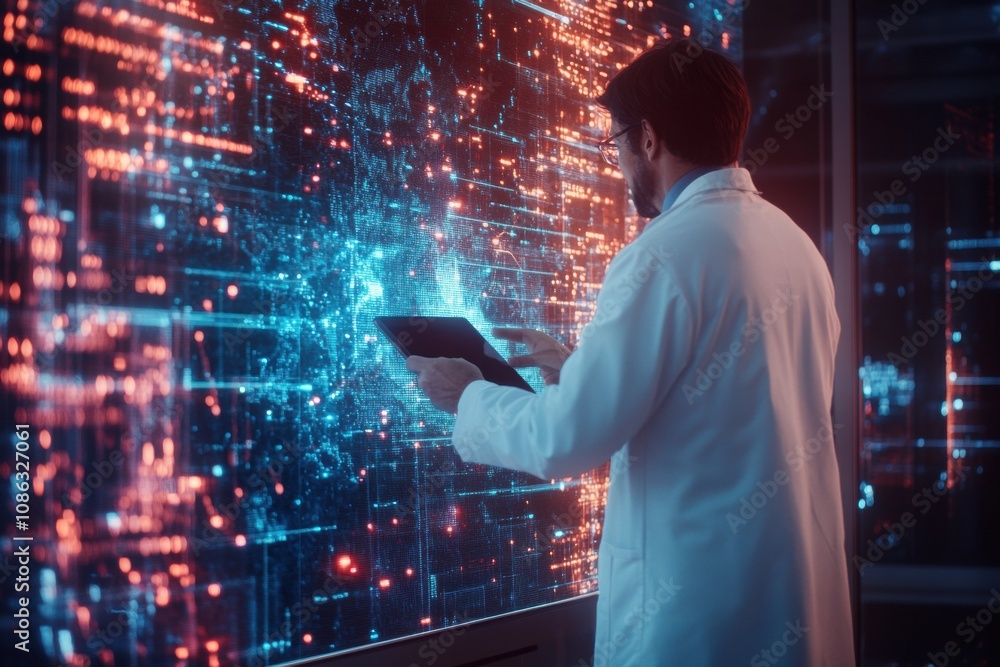 Fototapete a doctor in a white coat examines glowing digital data on an advanced display, focused on analyzing 