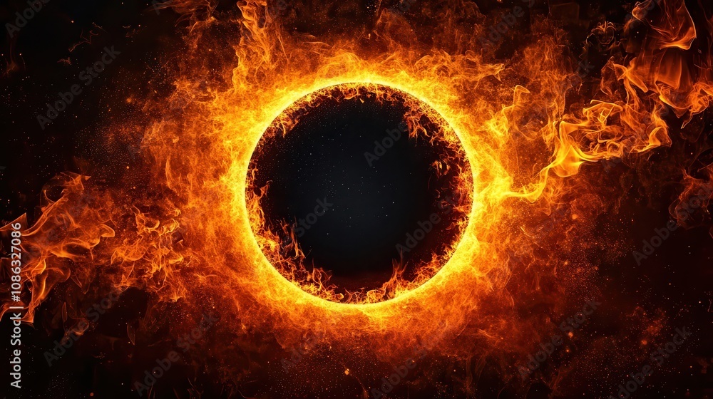 Poster a fiery ring encircles a dark center, resembling an eclipse or cosmic event, creating a striking vis