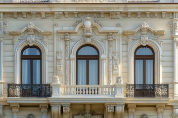 Obraz premium Ornate facade with three arched windows and a balcony.