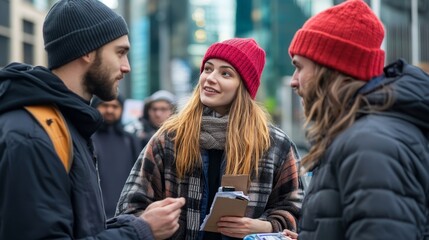Fototapeta premium Connecting with Compassion: Young Activists Engage with Homeless Group in Urban Setting