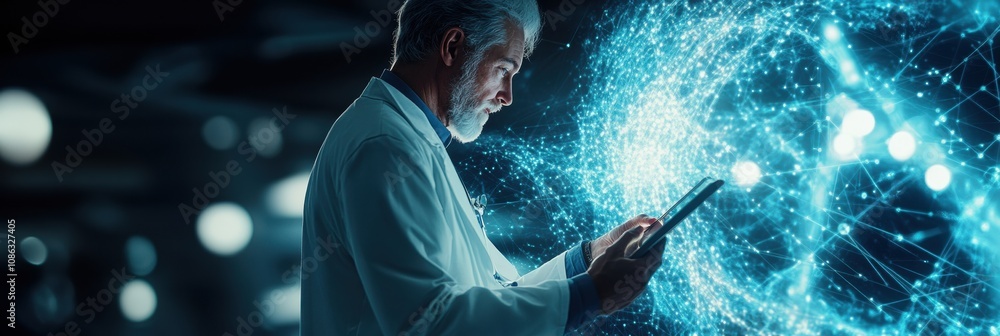 Aufkleber a doctor dressed in a white coat is focused on analyzing digital information on a tablet in a modern