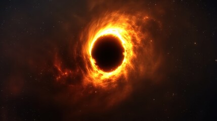 Fototapeta premium A striking image of a black hole surrounded by vibrant orange and yellow gases, illustrating the cosmic phenomenon's powerful gravitational pull.