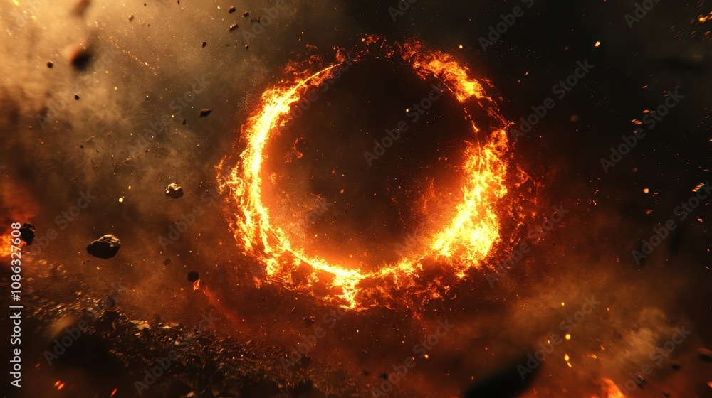 Poster a fiery, circular phenomenon appears amidst a chaotic background of dark smoke and debris, creating 