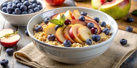 Quinoa porridge with apple, blueberry, peanut butter and hemp seeds for breakfast , Vegan, food, concept
