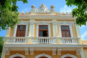 Fototapeta premium Ornate yellow building with a balcony and three windows.