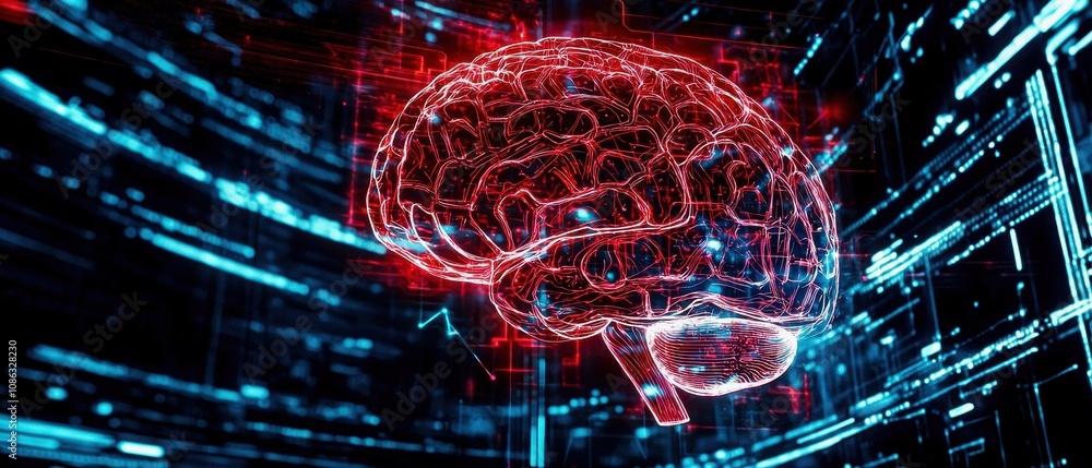 Poster a digital representation of a brain, illuminated in red and blue, symbolizing advanced technology an
