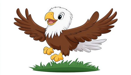 Obraz premium Cheerful Cartoon Eagle with Outstretched Wings Flying Over a Green Grass Patch, Perfect for Children’s Illustrations or Educational Materials