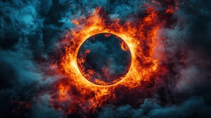 A fiery, glowing ring appears against a stormy sky, evoking a dramatic celestial event or cosmic phenomenon.