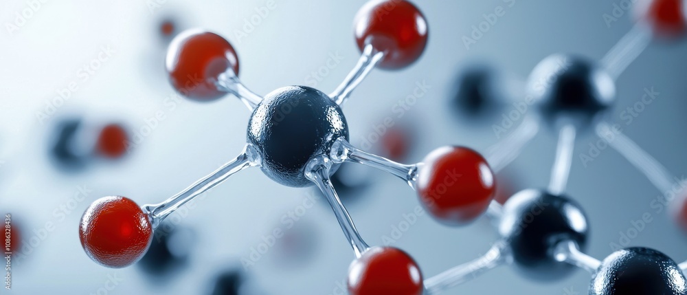 Poster a close-up view of a molecular structure showcasing interconnected atoms, primarily featuring black 