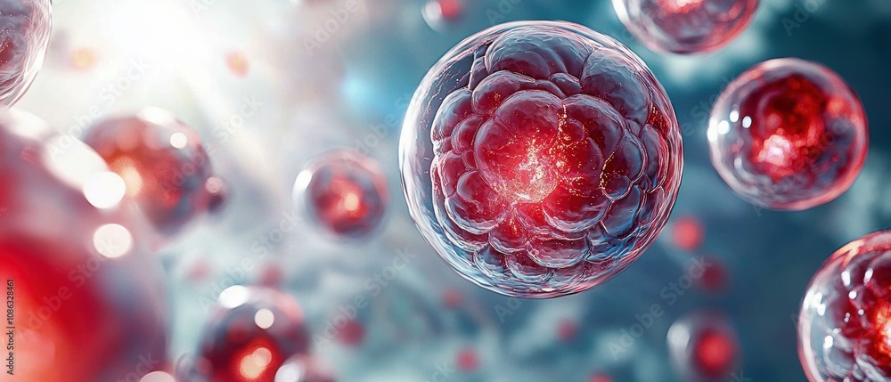 Poster a vibrant depiction of microscopic cells, showcasing red nuclei and intricate structures against a s