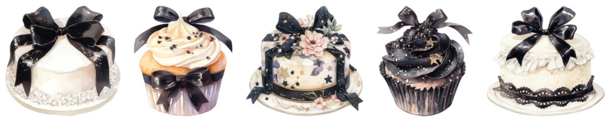 Black coquette dessert png cut out element set
