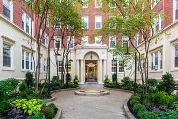 Entrance courtyard of a classic residential building in Brookline, Massachusetts, USA
