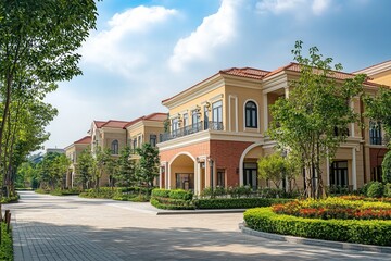 Row of beautiful modern houses with green lawns, trees and a brick driveway.