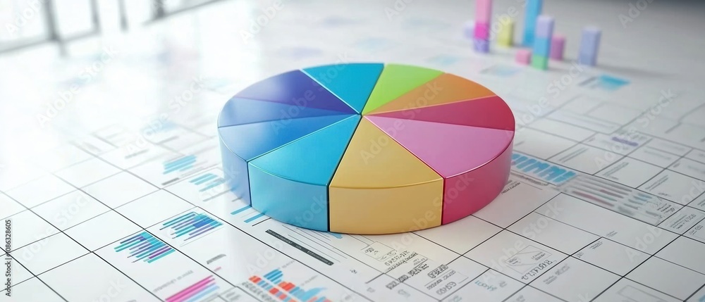 Aufkleber a colorful pie chart sits on a financial report, showcasing data visualization in a professional set