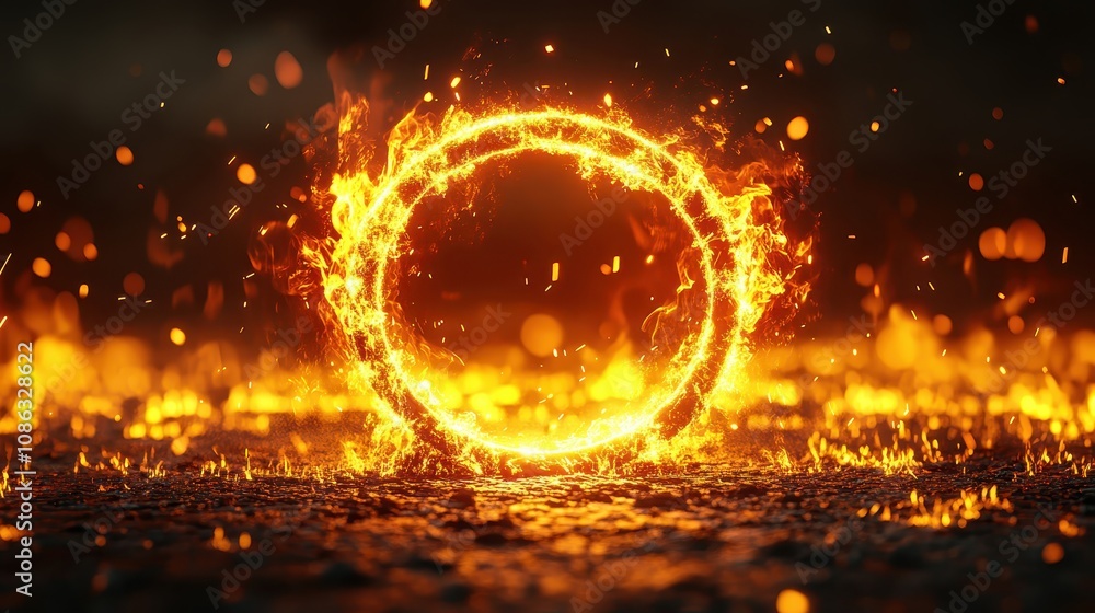 Poster a glowing, fiery circle surrounded by sparks, set against a dark background, creating a captivating 