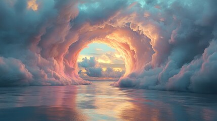 A stunning seascape featuring vibrant clouds arching over calm waters, illuminated by a warm, colorful sunset, creating a serene and ethereal atmosphere.