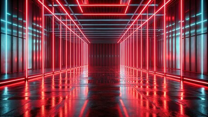 Fototapeta premium Glowing neon red lines on reflective floor, abstract background, neon, glowing, lines, red, reflecting, floor